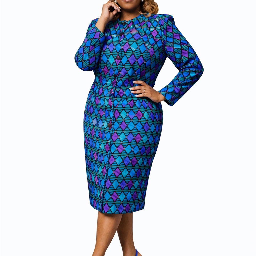 Vintage Blue & Purple Geometric Long-Sleeve Button Front Silk Midi Dress 10-12
